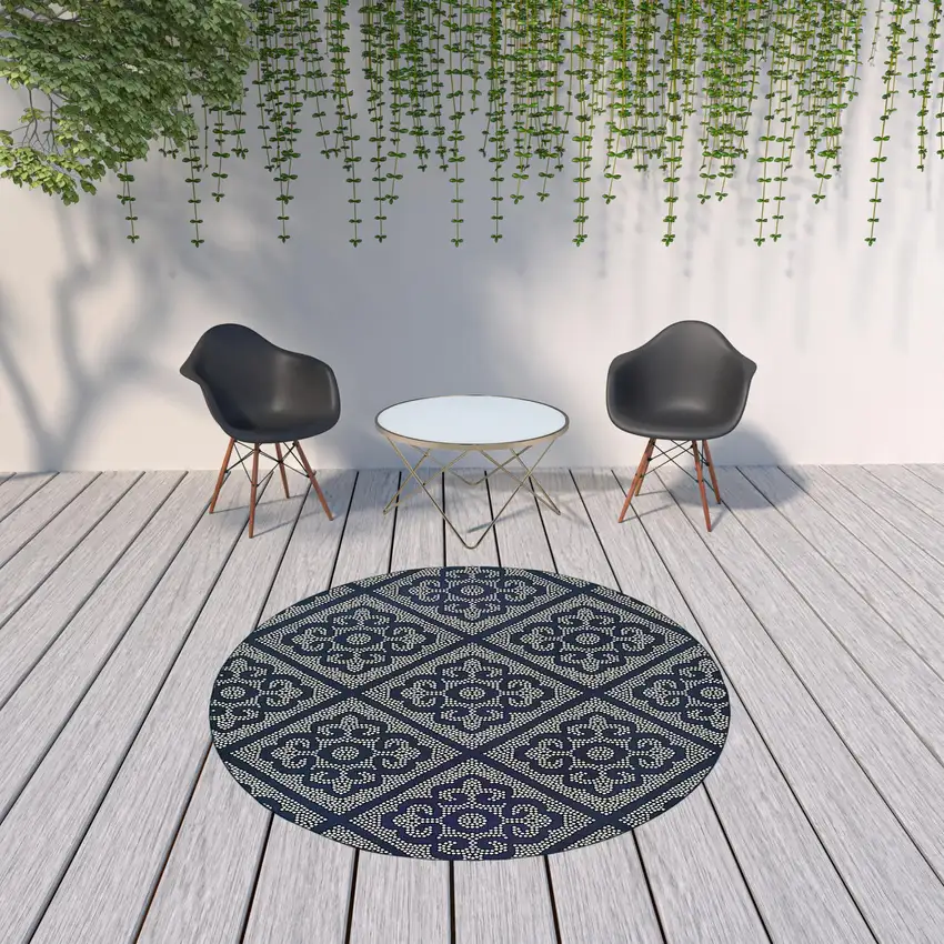 8' Navy Round Geometric Stain Resistant Indoor Outdoor Area Rug Photo 3