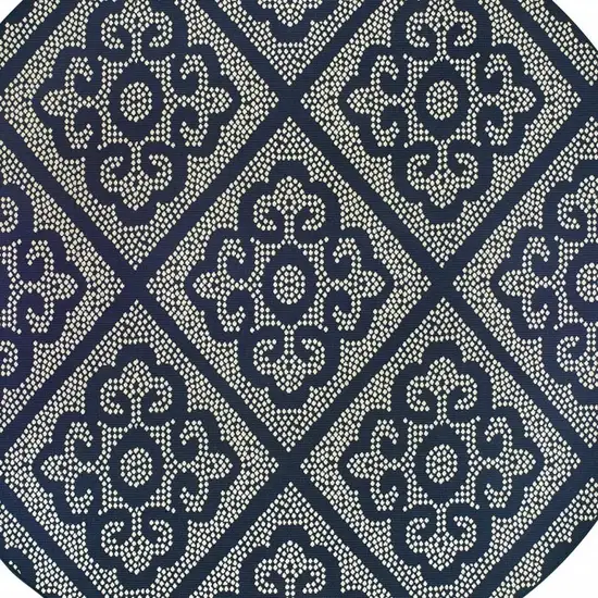 Blue and Ivory Round Geometric Stain Resistant Indoor Outdoor Area Rug Photo 5
