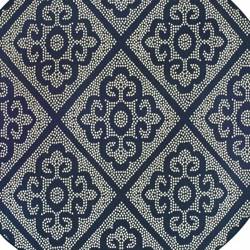 Blue and Ivory Round Geometric Stain Resistant Indoor Outdoor Area Rug Photo 5