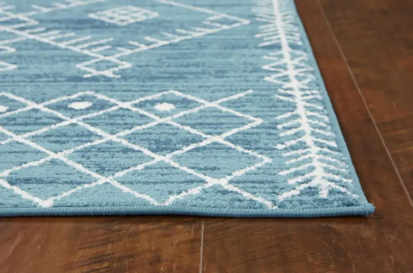 7' Ocean Blue Machine Woven Geometric Tribal Indoor Runner Rug Photo 2