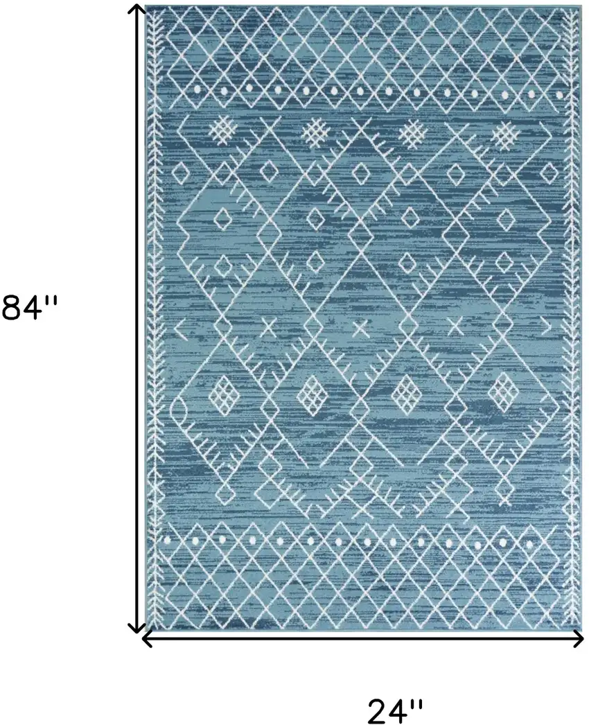 7' Ocean Blue Machine Woven Geometric Tribal Indoor Runner Rug Photo 7