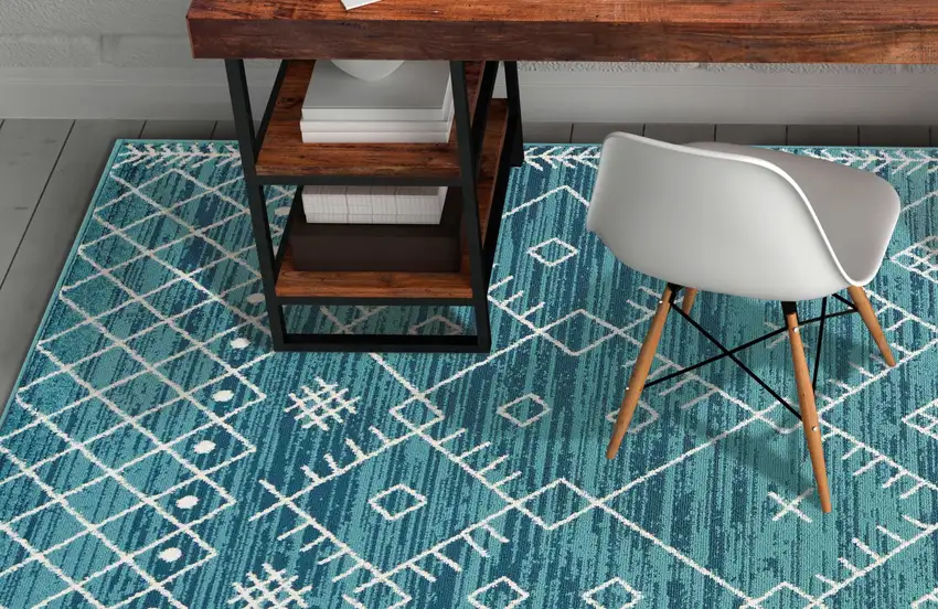 7' Ocean Blue Machine Woven Geometric Tribal Indoor Runner Rug Photo 4