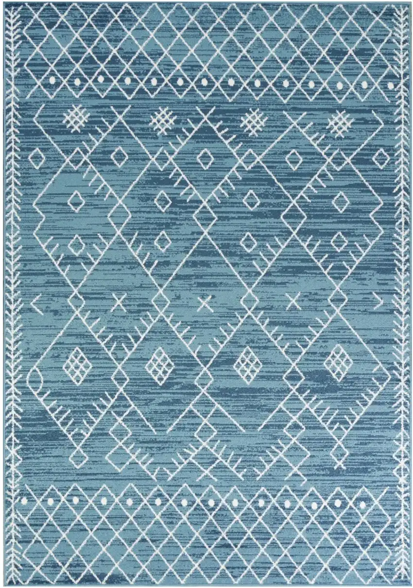 7' Ocean Blue Machine Woven Geometric Tribal Indoor Runner Rug Photo 1