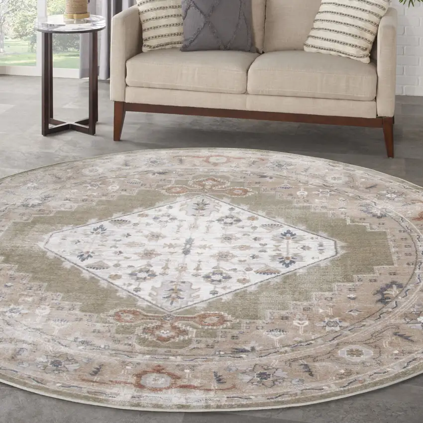 5' Off White And Brown Floral Distressed Round Rug Photo 5