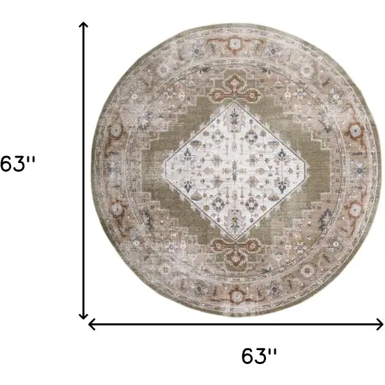 5' Off White And Brown Floral Distressed Round Rug Photo 3