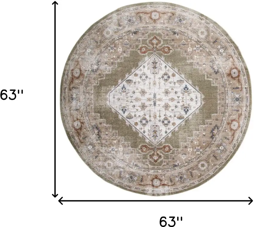 5' Off White And Brown Floral Distressed Round Rug Photo 3