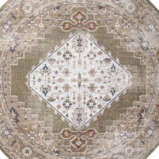 5' Off White And Brown Floral Distressed Round Rug Photo 7