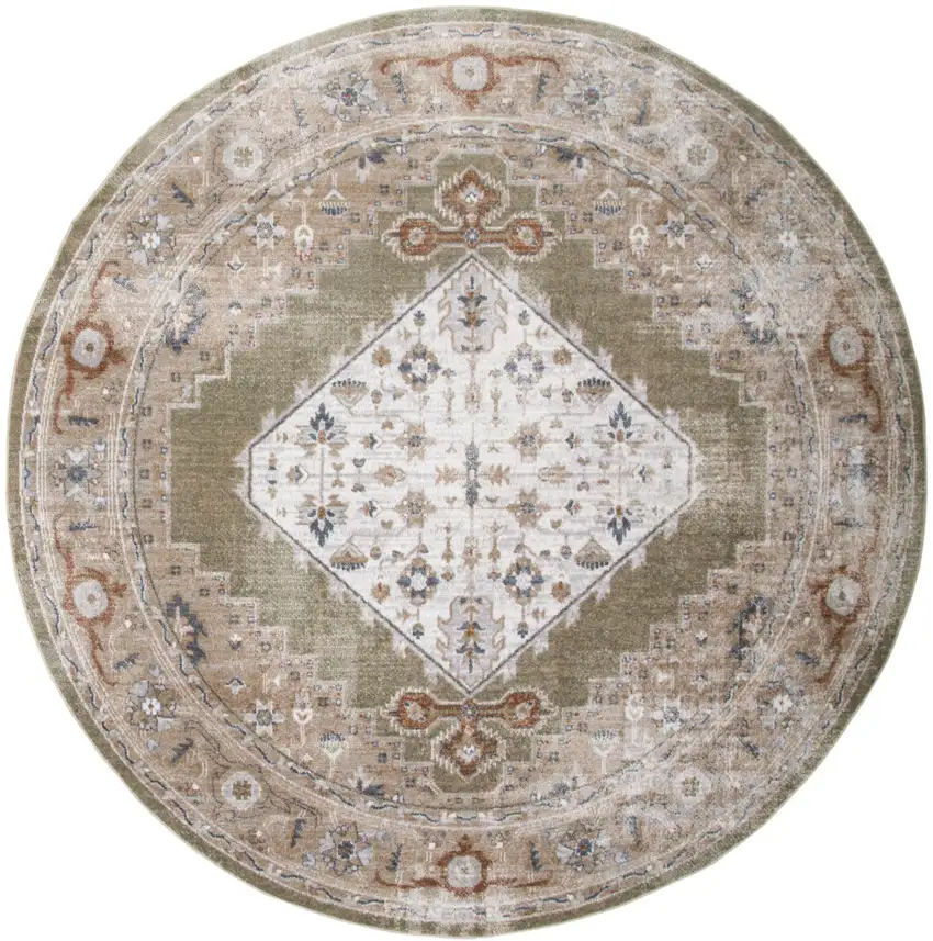 5' Off White And Brown Floral Distressed Round Rug Photo 2