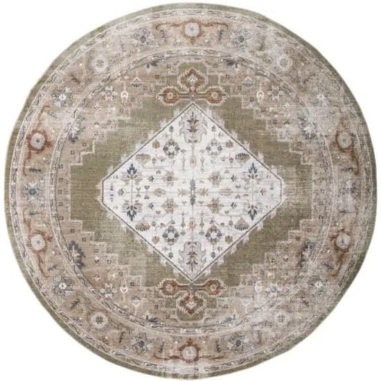 5' Off White And Brown Floral Distressed Round Rug Photo 2