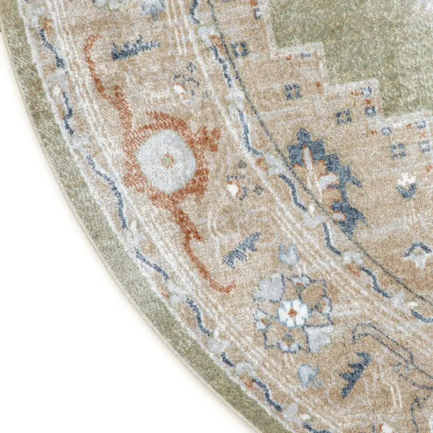 5' Off White And Brown Floral Distressed Round Rug Photo 9