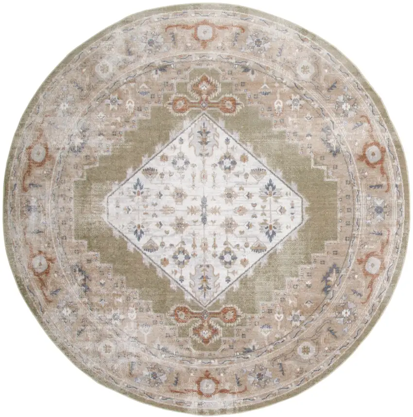 5' Off White And Brown Floral Distressed Round Rug Photo 4
