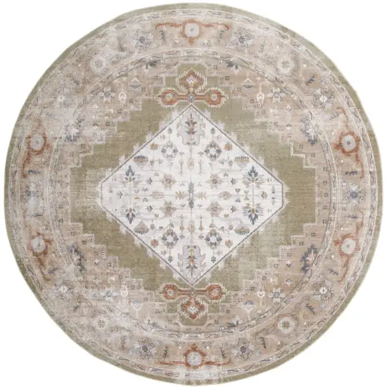 5' Off White And Brown Floral Distressed Round Rug Photo 4