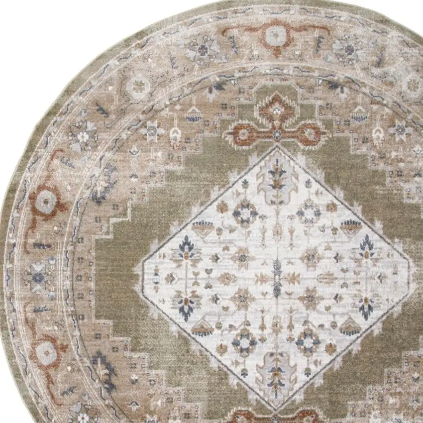 5' Off White And Brown Floral Distressed Round Rug Photo 3