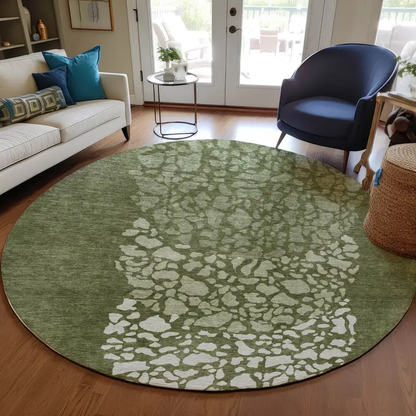 8' Olive Green And Artichoke Green Round Abstract Washable Indoor Outdoor Area Rug Photo 7