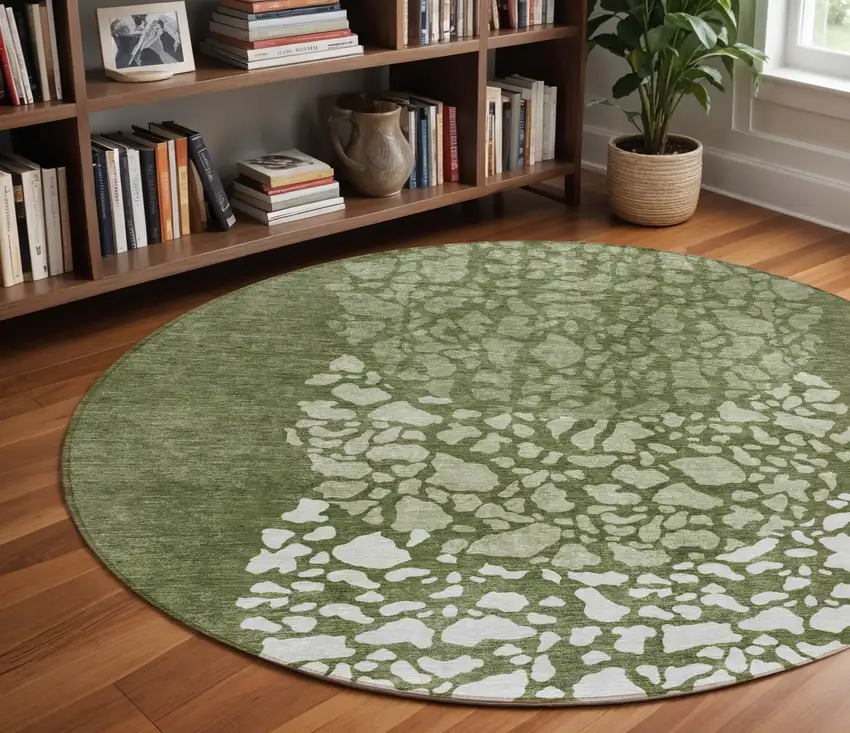 8' Olive Green And Artichoke Green Round Abstract Washable Indoor Outdoor Area Rug Photo 8