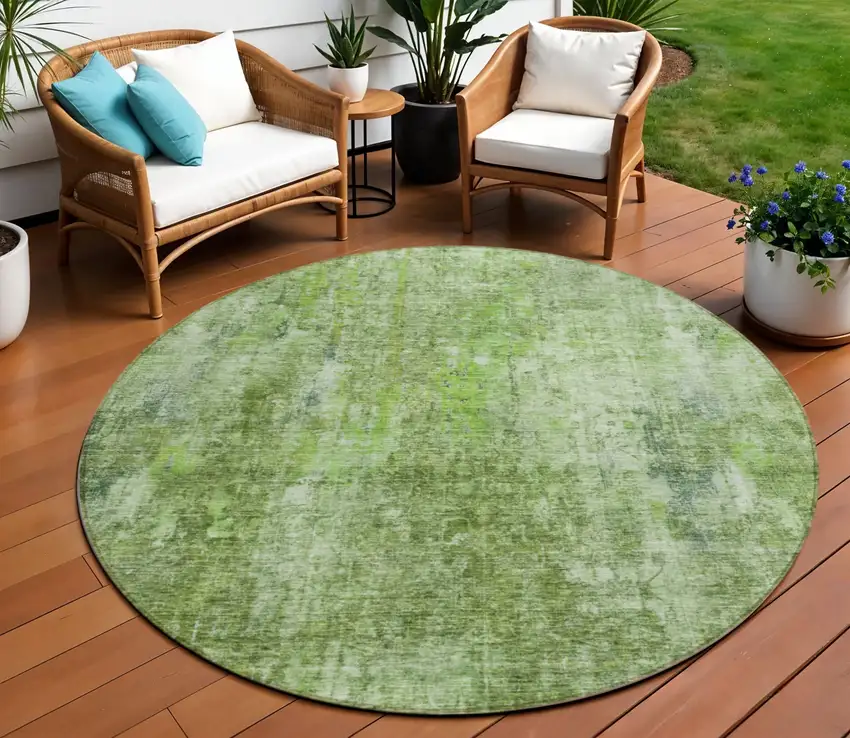 8' Olive Green And Artichoke Green Round Abstract Washable Indoor Outdoor Area Rug Photo 1