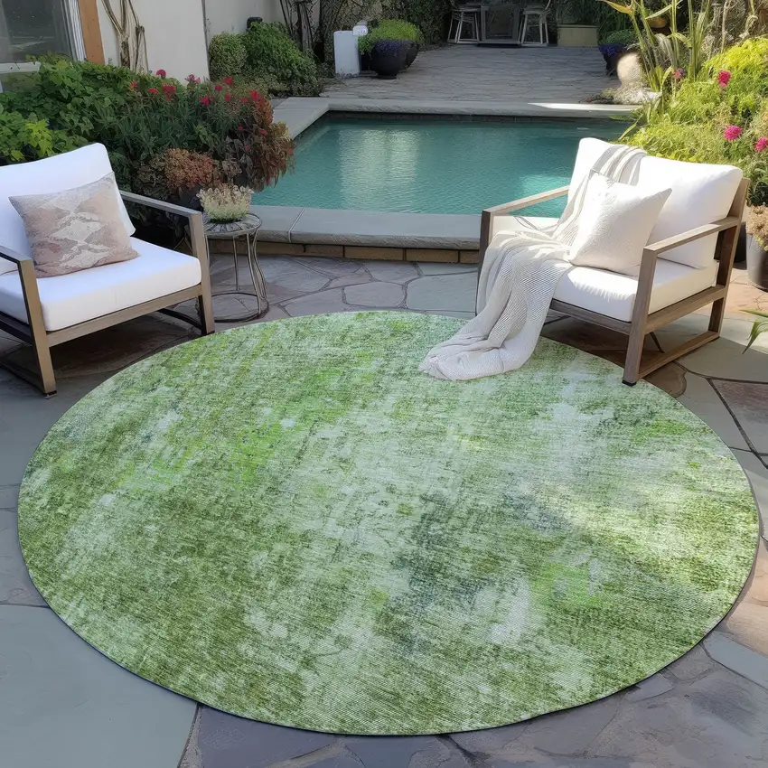 8' Olive Green And Artichoke Green Round Abstract Washable Indoor Outdoor Area Rug Photo 6
