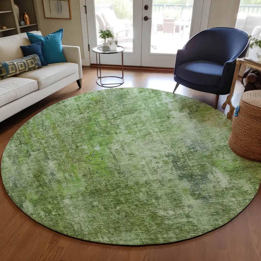 8' Olive Green And Artichoke Green Round Abstract Washable Indoor Outdoor Area Rug Photo 7