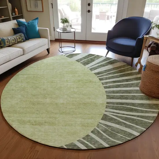 8' Olive Green And Artichoke Green Round Abstract Washable Indoor Outdoor Area Rug Photo 6