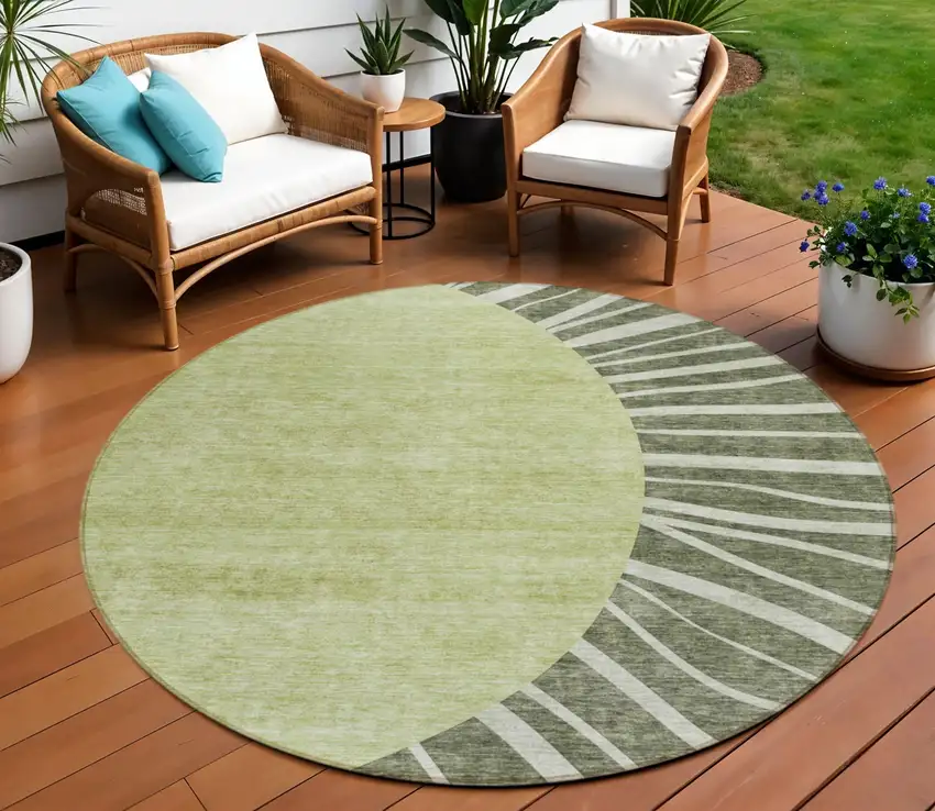 8' Olive Green And Artichoke Green Round Abstract Washable Indoor Outdoor Area Rug Photo 1
