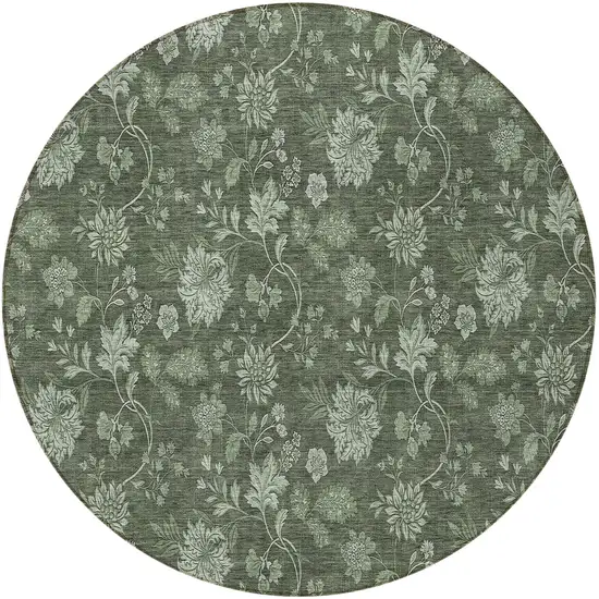 8' Olive Green And Artichoke Green Round Floral Washable Indoor Outdoor Area Rug Photo 5