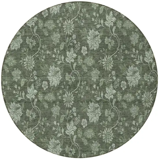 8' Olive Green And Artichoke Green Round Floral Washable Indoor Outdoor Area Rug Photo 5