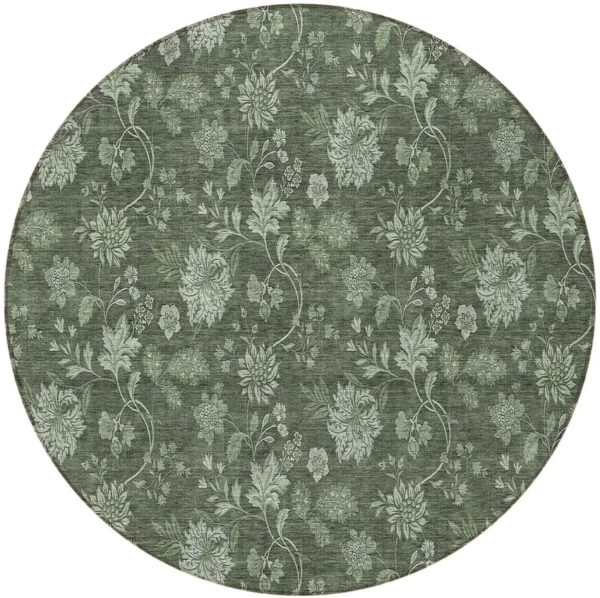 8' Olive Green And Artichoke Green Round Floral Washable Indoor Outdoor Area Rug Photo 5