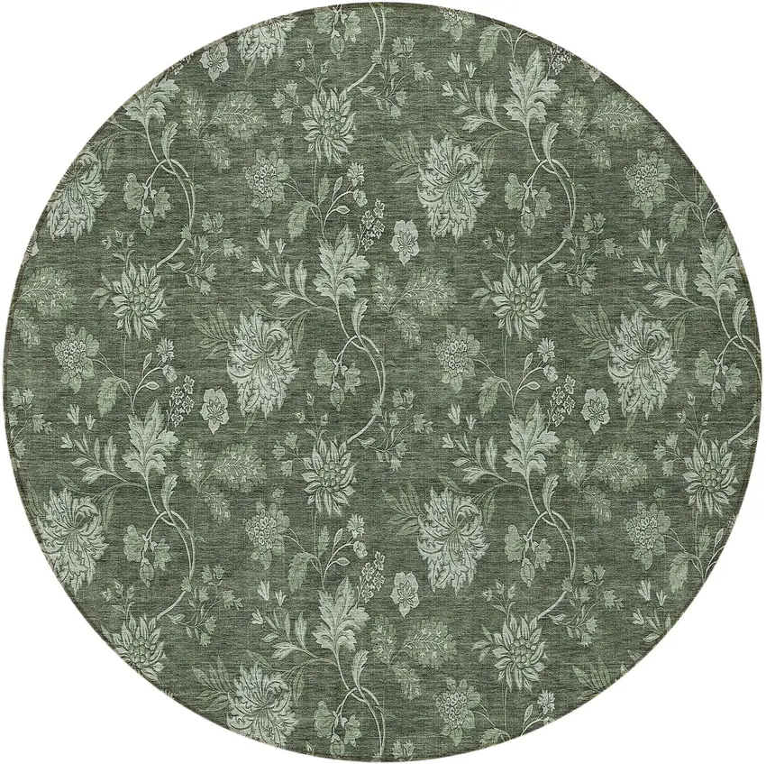 8' Olive Green And Artichoke Green Round Floral Washable Indoor Outdoor Area Rug Photo 5
