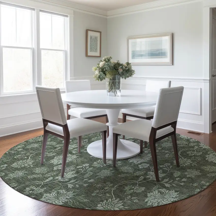 8' Olive Green And Artichoke Green Round Floral Washable Indoor Outdoor Area Rug Photo 7