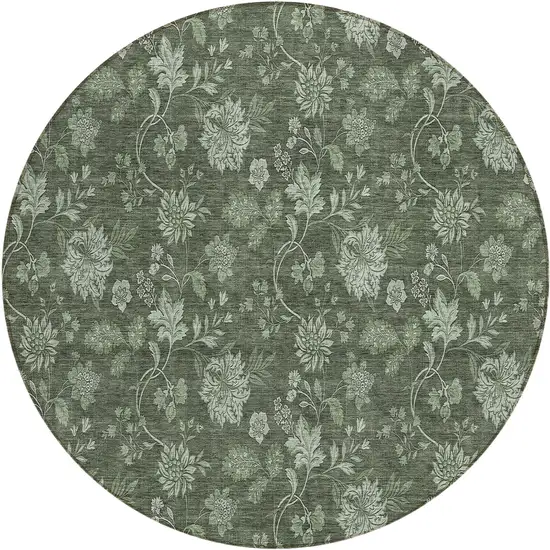 8' Olive Green And Artichoke Green Round Floral Washable Indoor Outdoor Area Rug Photo 2