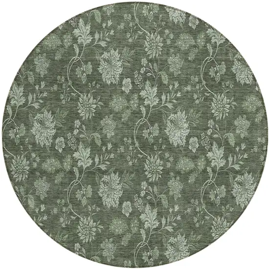 8' Olive Green And Artichoke Green Round Floral Washable Indoor Outdoor Area Rug Photo 2