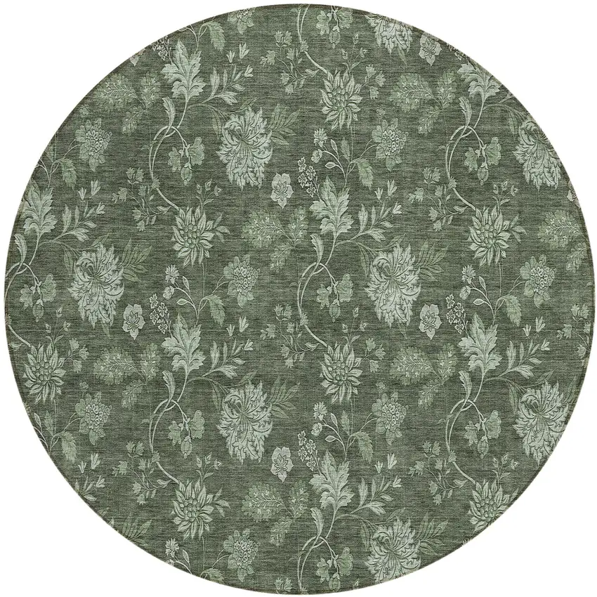 8' Olive Green And Artichoke Green Round Floral Washable Indoor Outdoor Area Rug Photo 2
