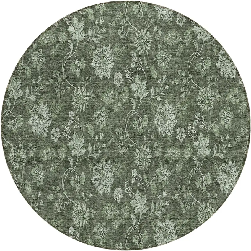 8' Olive Green And Artichoke Green Round Floral Washable Indoor Outdoor Area Rug Photo 2