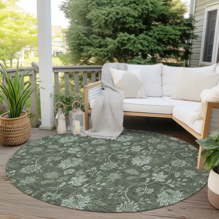 8' Olive Green And Artichoke Green Round Floral Washable Indoor Outdoor Area Rug Photo 6
