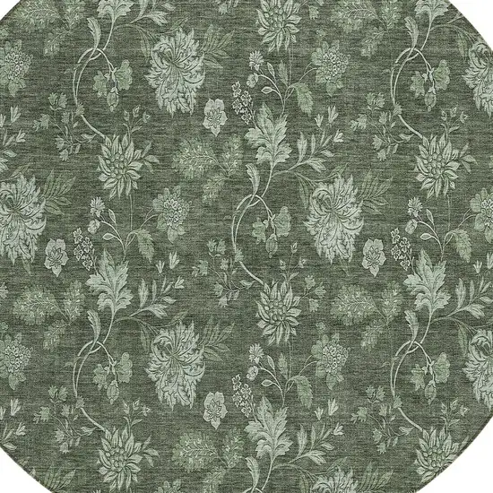 8' Olive Green And Artichoke Green Round Floral Washable Indoor Outdoor Area Rug Photo 4