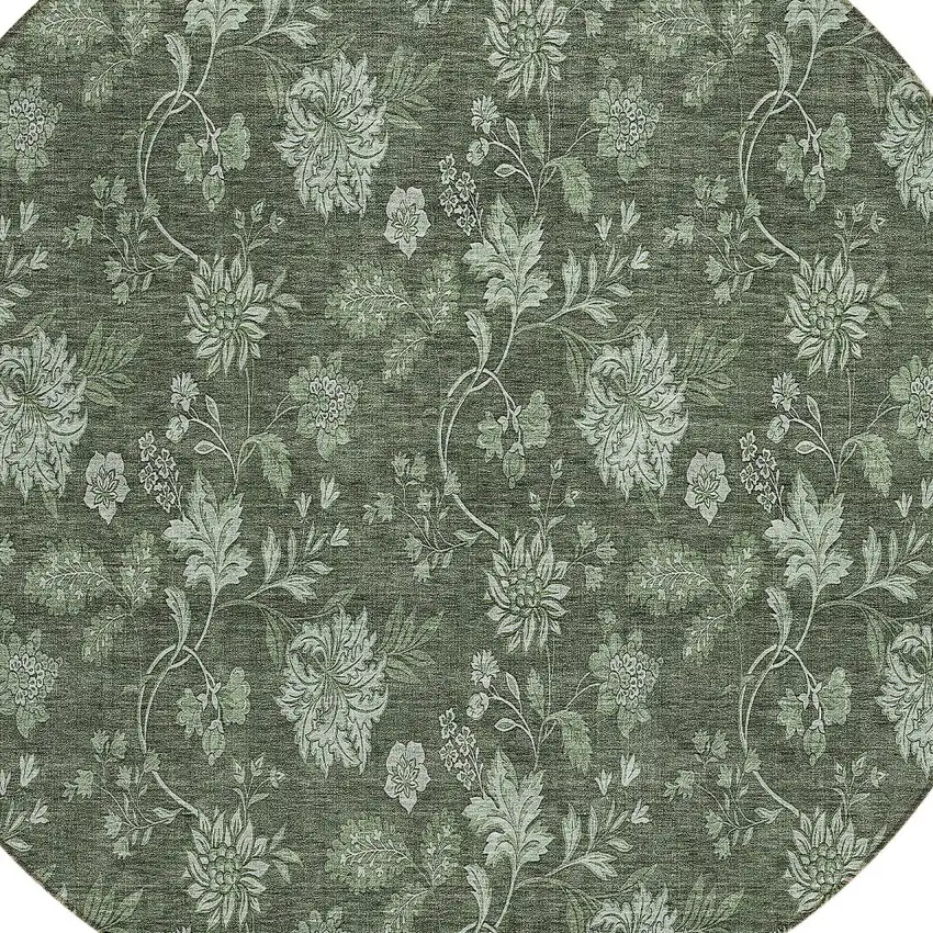 8' Olive Green And Artichoke Green Round Floral Washable Indoor Outdoor Area Rug Photo 4