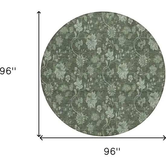 8' Olive Green And Artichoke Green Round Floral Washable Indoor Outdoor Area Rug Photo 3