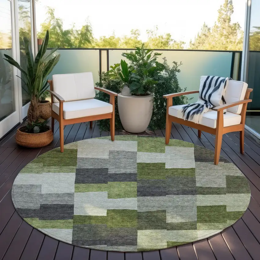 8' Olive Green And Artichoke Green Round Geometric Washable Indoor Outdoor Area Rug Photo 7