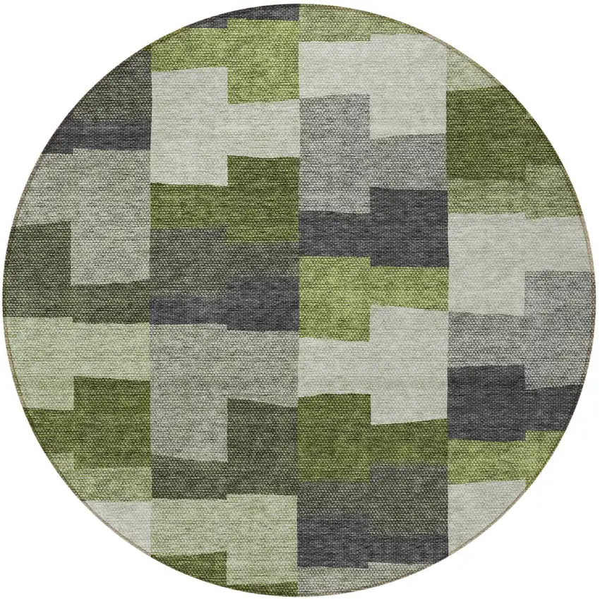 8' Olive Green And Artichoke Green Round Geometric Washable Indoor Outdoor Area Rug Photo 6
