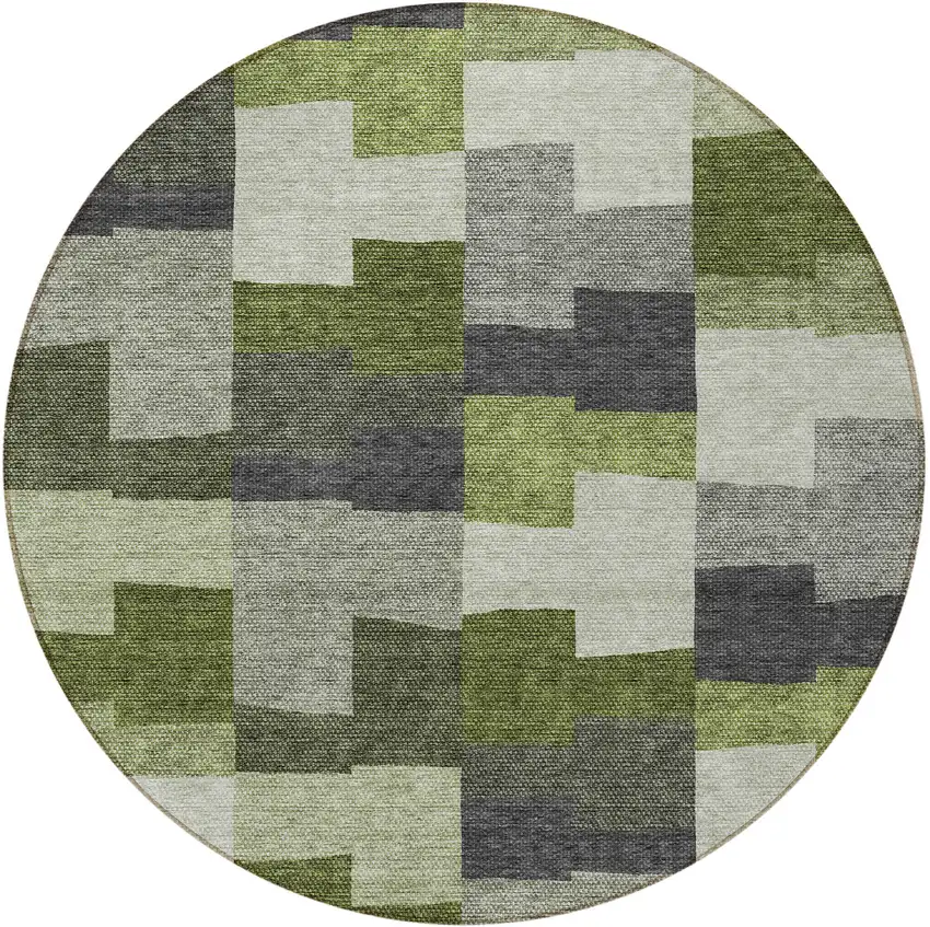 8' Olive Green And Artichoke Green Round Geometric Washable Indoor Outdoor Area Rug Photo 6