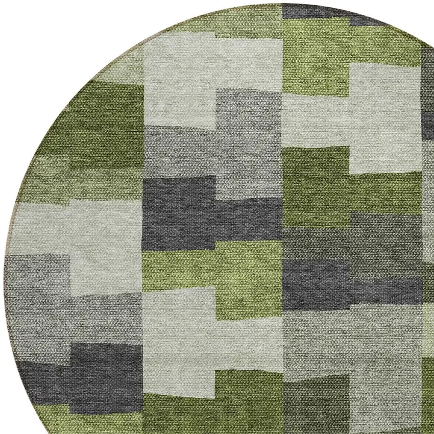 8' Olive Green And Artichoke Green Round Geometric Washable Indoor Outdoor Area Rug Photo 5