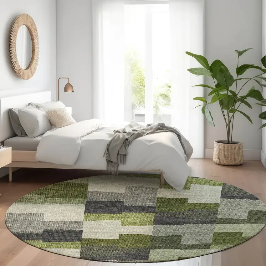 8' Olive Green And Artichoke Green Round Geometric Washable Indoor Outdoor Area Rug Photo 8