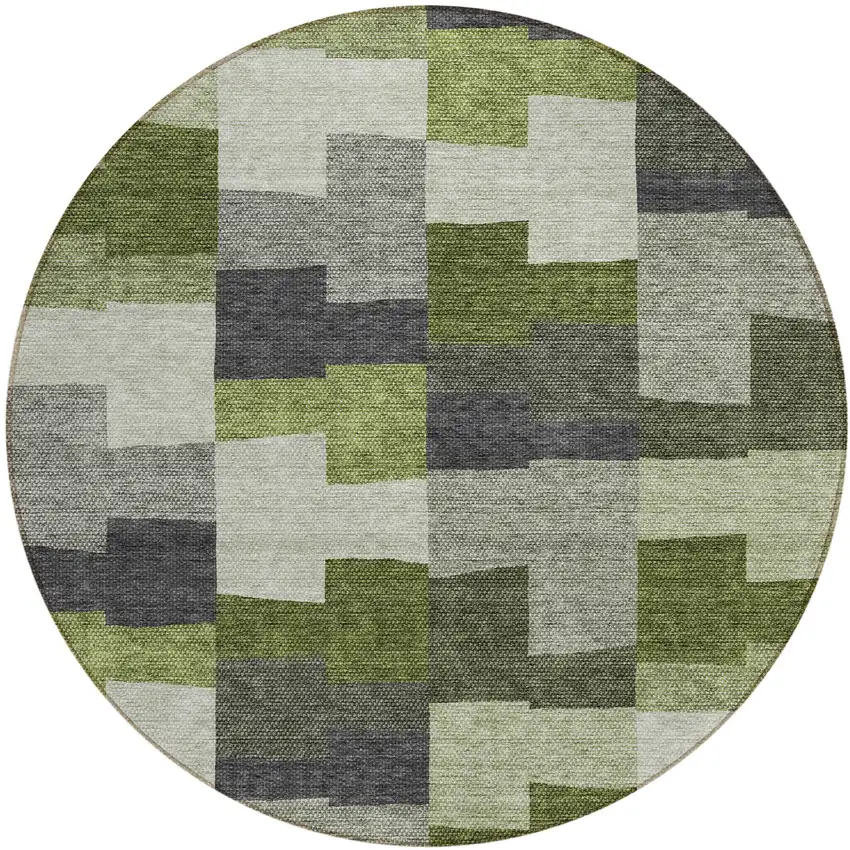 8' Olive Green And Artichoke Green Round Geometric Washable Indoor Outdoor Area Rug Photo 2