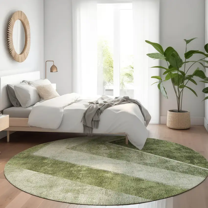 8' Olive Green And Artichoke Green Round Geometric Washable Indoor Outdoor Area Rug Photo 8