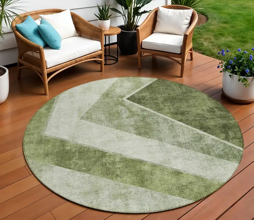 8' Olive Green And Artichoke Green Round Geometric Washable Indoor Outdoor Area Rug Photo 1