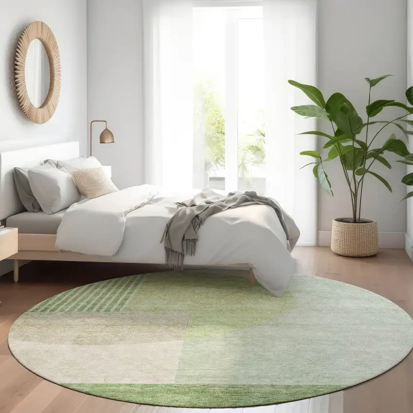 8' Olive Green And Artichoke Green Round Geometric Washable Indoor Outdoor Area Rug Photo 7