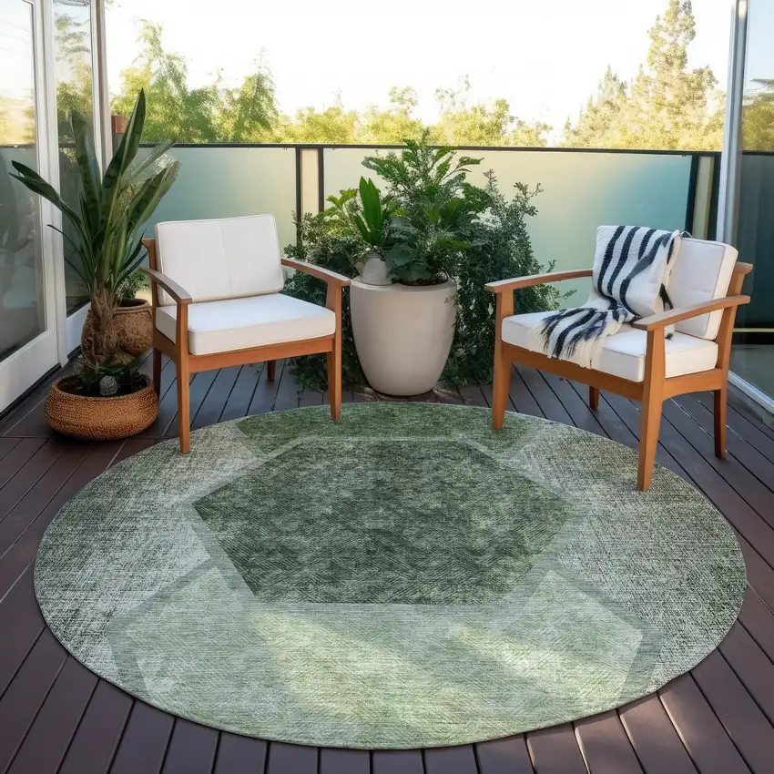 8' Olive Green And Artichoke Green Round Geometric Washable Indoor Outdoor Area Rug Photo 6