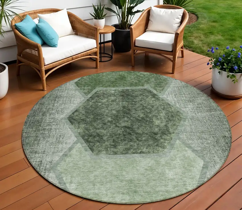 8' Olive Green And Artichoke Green Round Geometric Washable Indoor Outdoor Area Rug Photo 1