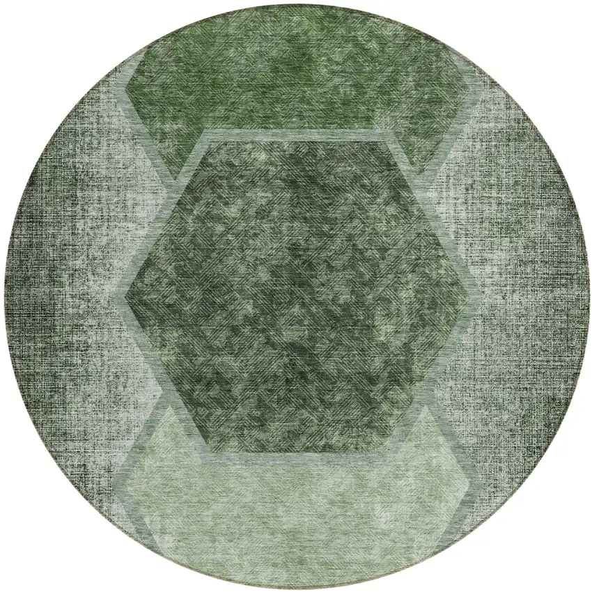 8' Olive Green And Artichoke Green Round Geometric Washable Indoor Outdoor Area Rug Photo 2