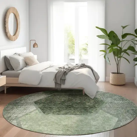 8' Olive Green And Artichoke Green Round Geometric Washable Indoor Outdoor Area Rug Photo 7